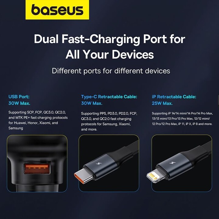 Baseus Enjoyment 60W - Cargador de coche 1xUSB-C 1xConector Lightning/USB-C