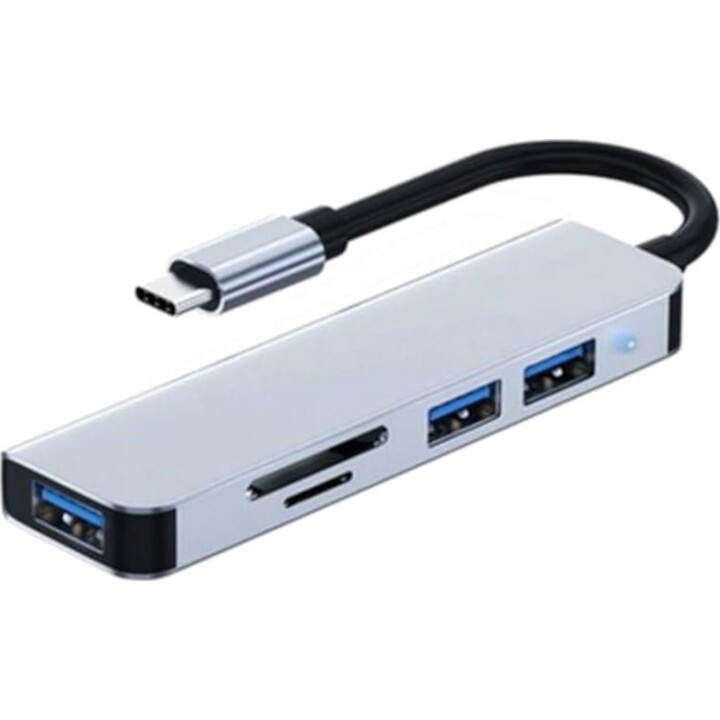 Hub USB BYL-2103T 5 en 1 USB-C/USB 3.0+2.0+microSD+SD Argent