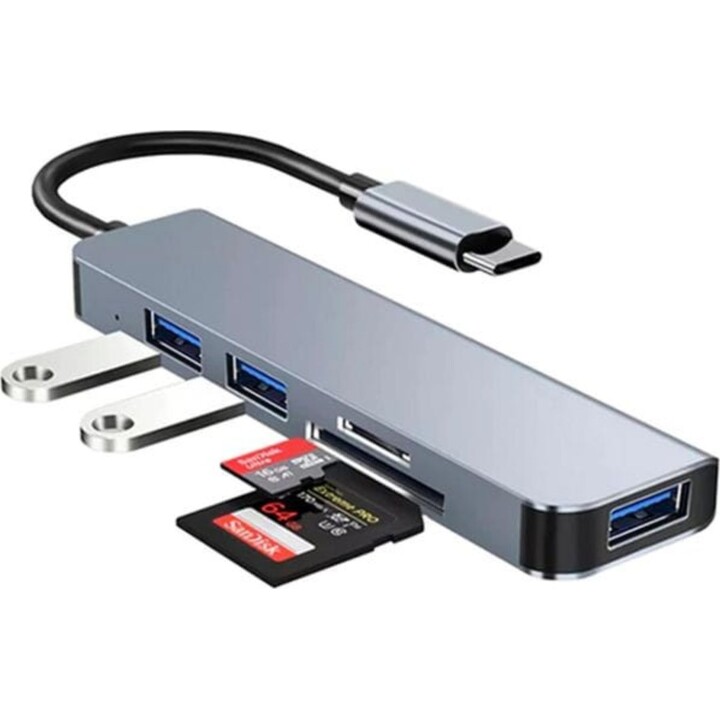Hub USB BYL-2103T 5 en 1 USB-C/USB 3.0+2.0+microSD+SD Plata