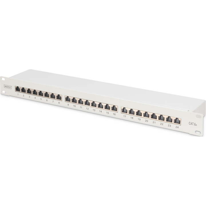 CAT 6A Patch Panel, 19inch, shielded, 1U, 24-port, 8P8C, Grey