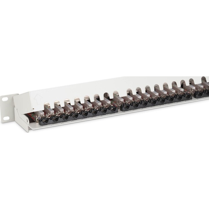 Pannello patch Cat 6A, 19 pollici, schermato, 1u, 24 porte, 8p8c, grigio