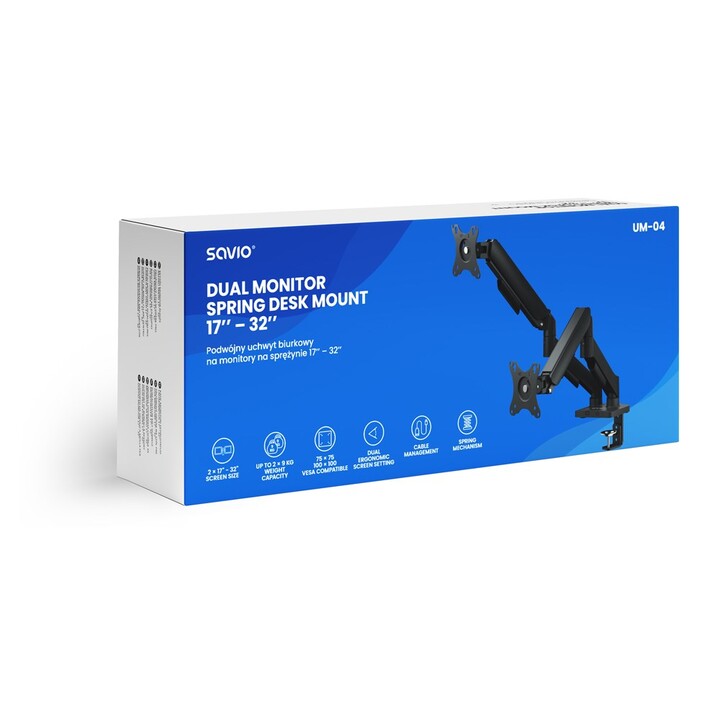 Savio UM-04 Spring-Loaded Dual Monitor Desk Mount 17″–32″