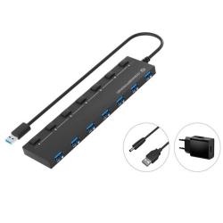 Hub USB 3.2 7 ports Conceptronic / Alimenté / Avec commutateurs / Chargeur inclus / Noir / HUBBIES19BP