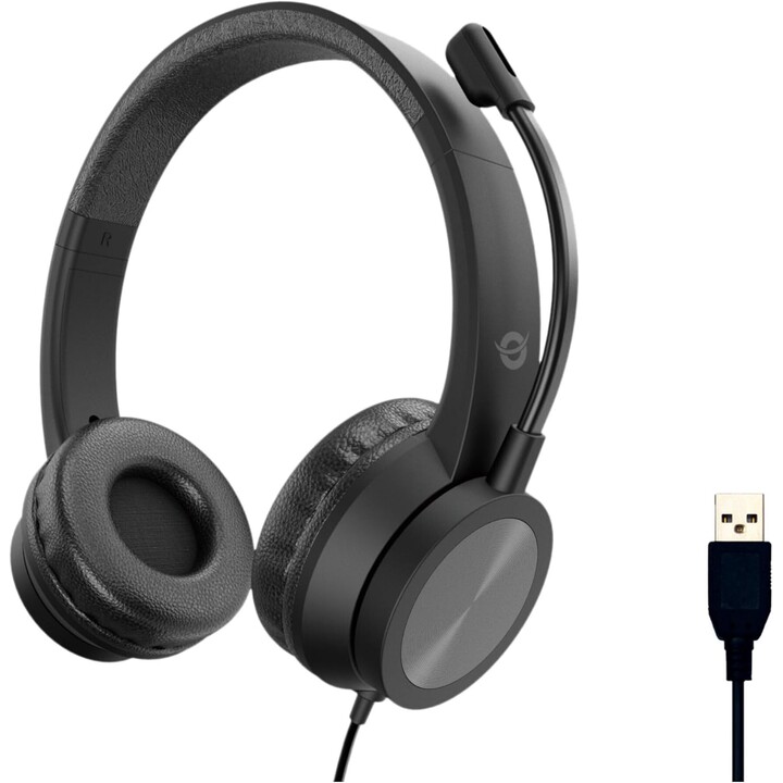 Conceptronic Polona05B headset with USB-A connection, flexible microphone, volume control, and noise reduction.