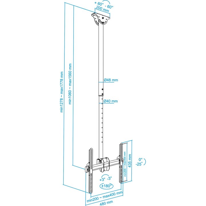 Tooq LPCE1155TSLI-B Montagem de teto ajustável / inclinada / extensível para TV de 32-55 '/ até 50kg
