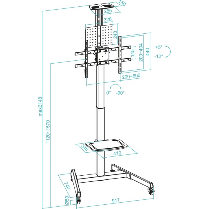 TooQ FS1184M-B Neigbarer Bodenständer mit Rädern für 35-70-Zoll-Fernseher/bis zu 70 kg