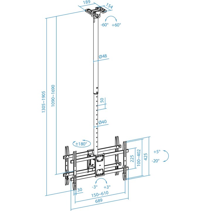 TooQ LPCE2286TSLI-XL-B Support de plafond rotatif/inclinable/nivelant pour 2 téléviseurs de 43 à 86 /jusqu à 100 kg