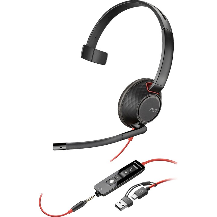 Casque monaural USB-C POLY Blackwire 5210 + prise 3,5 mm + adaptateur USB-C/A (en vrac) Serre-tête filaire Bureau/Centre d a