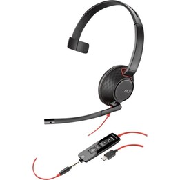 Fones de ouvido com fio POLY Blackwire 5210, faixa para chamadas/música, USB tipo C, preto e vermelho