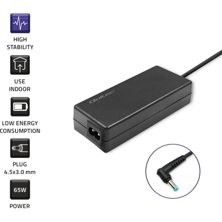 Adaptador de corriente Qoltec para portátil HP de 65 W | 19,5 V | 3,33 A | 4,5 x 3,0 + pines | Delgado