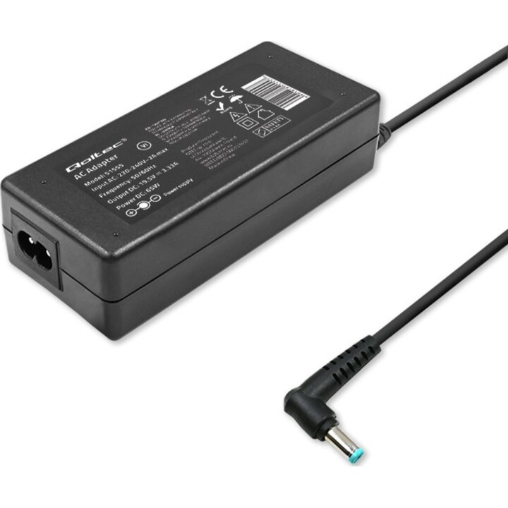 Adaptador de corriente Qoltec para portátil HP de 65 W | 19,5 V | 3,33 A | 4,5 x 3,0 + pines | Delgado