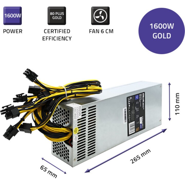 Fuente de alimentación Qoltec PCI-E Smart 1600W | 80 Plus Gold | Minería de datos