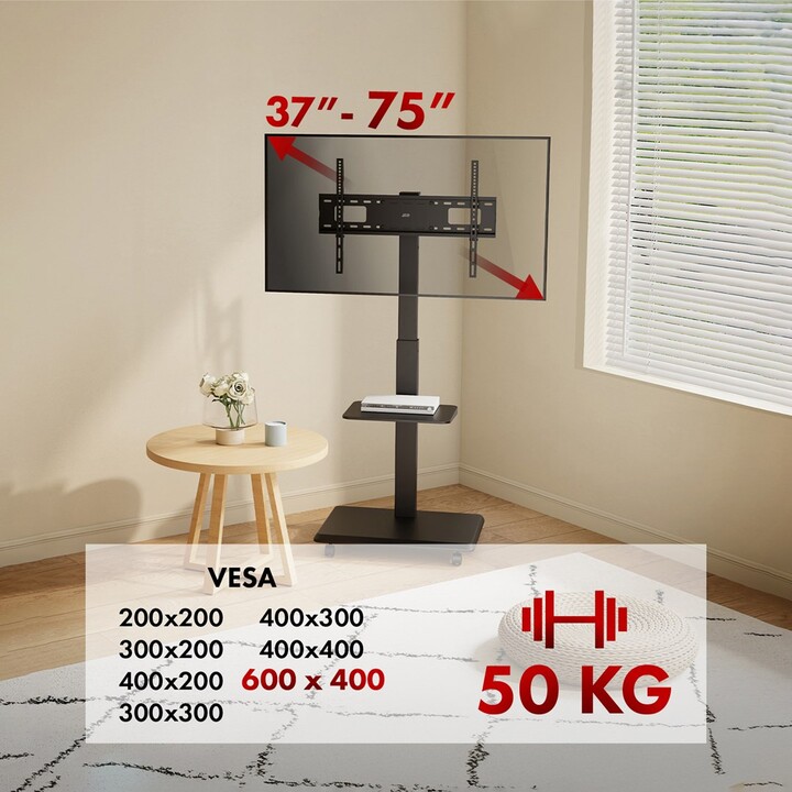 Ergo-Office TV stand/trolley, max. load 50 kg / shelf 5 kg, max. VESA 600x400, integrated power strip, black, 