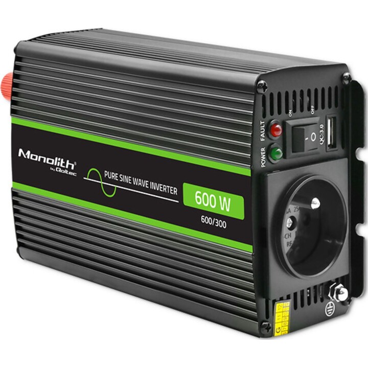 Qoltec Monolith power adapter and inverter Auto 600 W Black