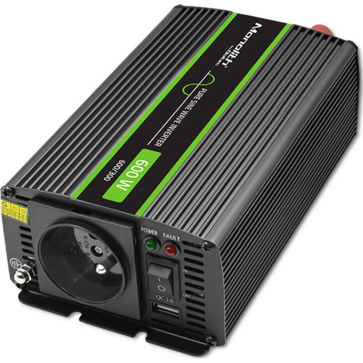 Inversor de onda sinusoidal pura Qoltec Monolith | 300 W | 600 W | 24 V a 230 V
