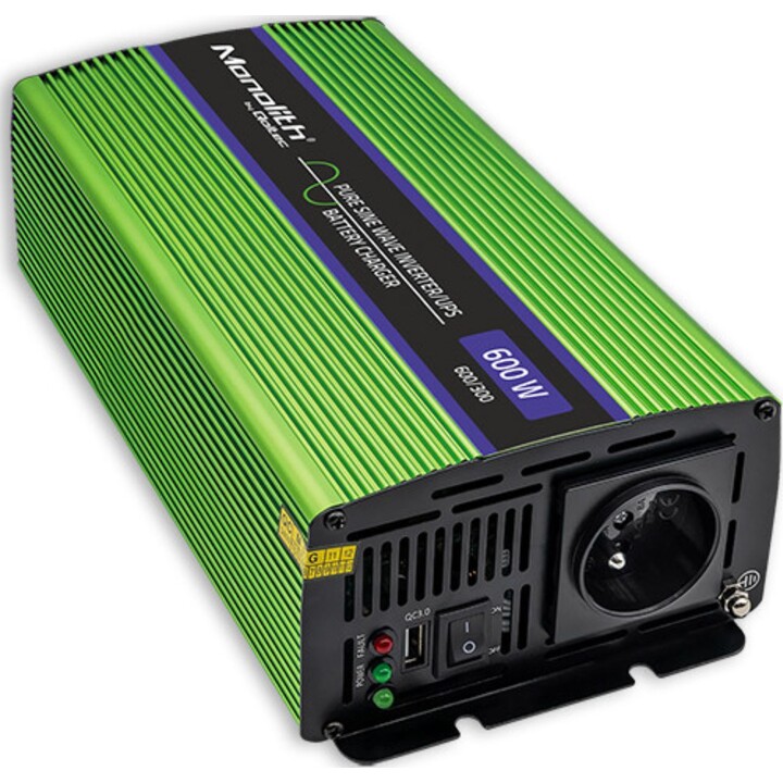 Inversor de onda sinusoidal pura Qoltec Monolith | Cargador de batería | SAI | 300 W | 600 W | 12 V a 230 V