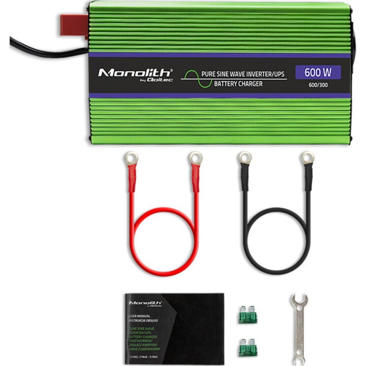 Inversor de onda sinusoidal pura Qoltec Monolith | Cargador de batería | SAI | 300 W | 600 W | 12 V a 230 V