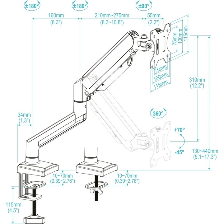 Tooq Soporte de Mesa para Pantalla 13”-34”, Negro, carga máxima 10 kg