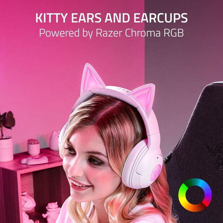 Razer Kraken Kitty V2 Bt, auriculares Bluetooth Wireless Bluetooth con orejas de gatito, blanco