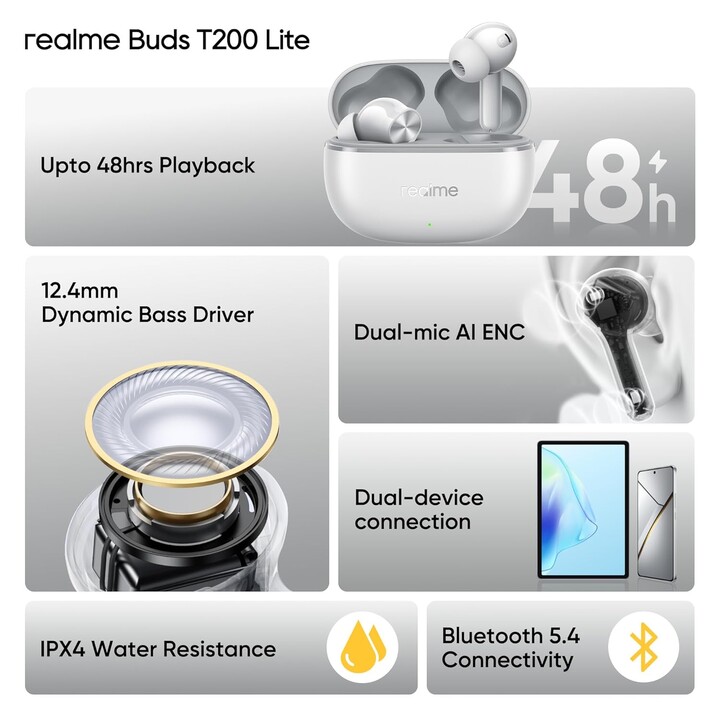 Realme Buds T200 Lite, Bluetooth em fones de ouvido, Storm Grey