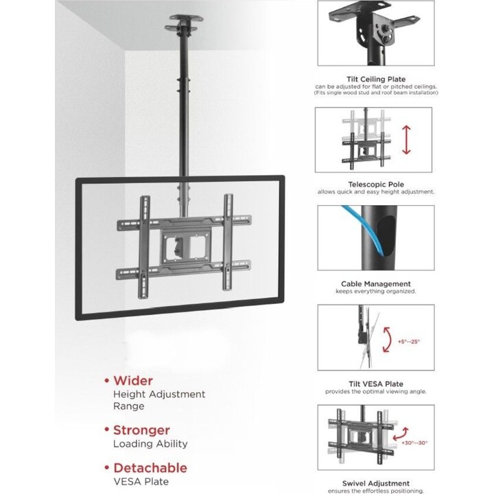 Equip 650321 support TV de plafond inclinable pour écrans 32" à 70" noir