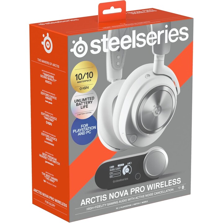 Steelseries Arctis Nova Pro Fones de ouvido sem fio Faixa de cabeça sem fio e com fio para jogos Bluetooth prateado, branco