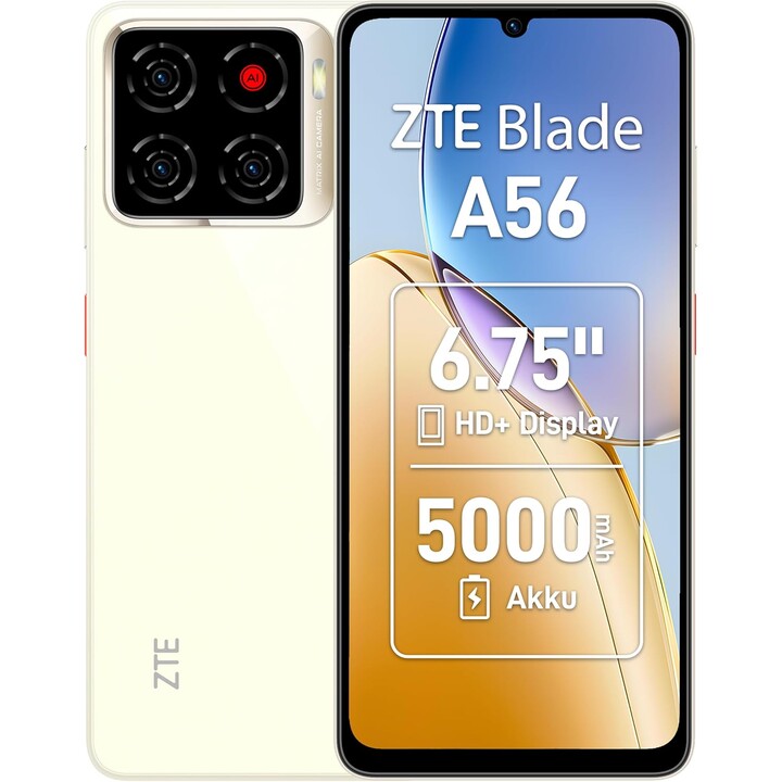 ZTE Blade A56, 4GB RAM + 64GB, pantalla HD + de 6.75 pulgadas (90Hz), 13MP + 8MP AI Camera, 4G Dual SIM, oro