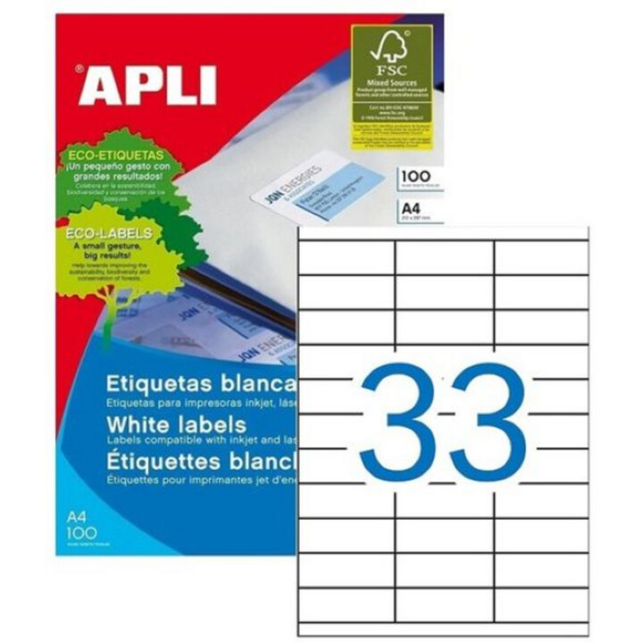 Apli 1270 Klebeetikettengröße 70 x 25 mm – Fotokopierer – Laser – Tintenstrahl – Box mit 100 Din A4-Blättern.
