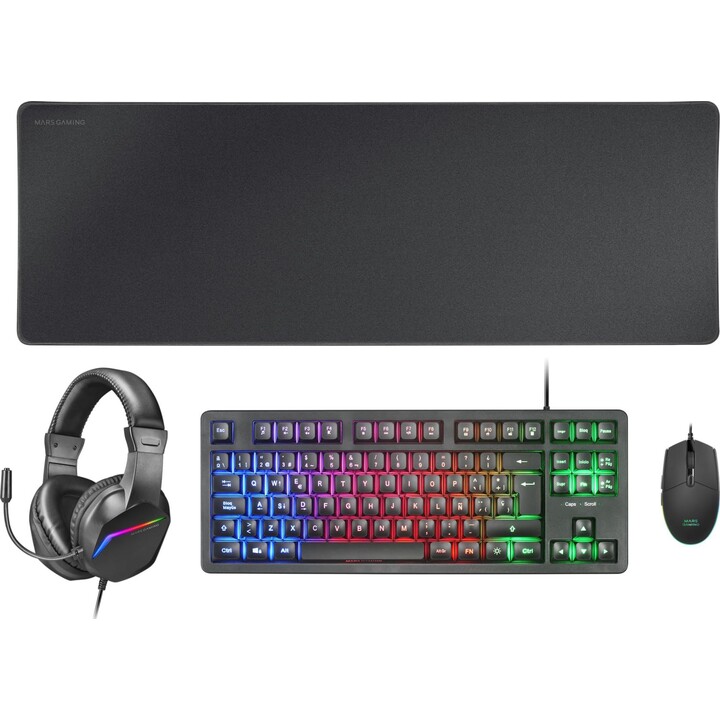 Mars Gaming McPrgb3fr Französische H-Mech-Tastatur, Maus, Headset und Mauspad, Rot, RGB, 3200 DPI