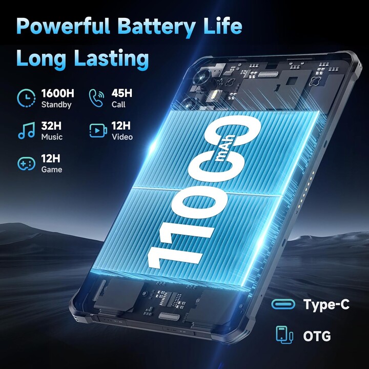 OUKITEL RT3 Plus, 16GB+128GB/TF 1TB, 4G Dual SIM, 5G WiFi, Tablet Android 15, 11000mAh, 8 Polegadas, 16MP, Gemin, Azul