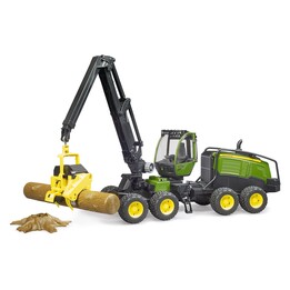 BRUDER ABATTEUSE TRONCONNEUSE JOHN DEERE 1270G AVEC TRONC DE BOIS ET SUPPORT