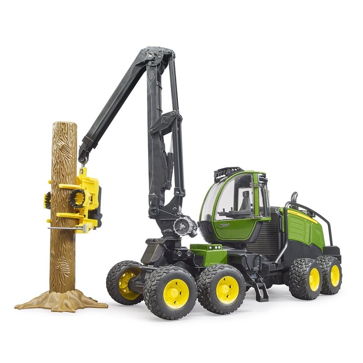 BRUDER ABATTEUSE TRONCONNEUSE JOHN DEERE 1270G AVEC TRONC DE BOIS ET SUPPORT