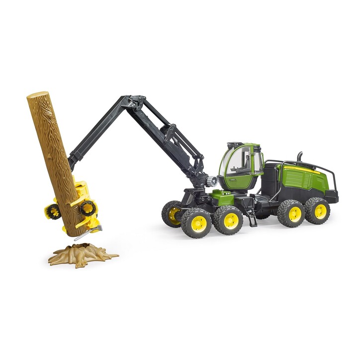 BRUDER ABATTEUSE TRONCONNEUSE JOHN DEERE 1270G AVEC TRONC DE BOIS ET SUPPORT