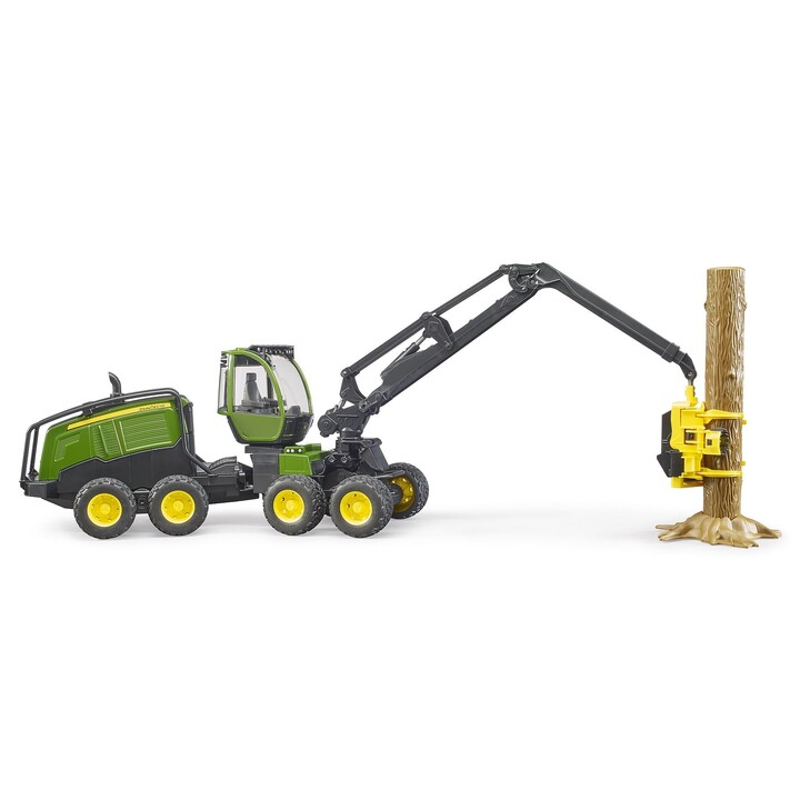 BRUDER ABATTEUSE TRONCONNEUSE JOHN DEERE 1270G AVEC TRONC DE BOIS ET SUPPORT