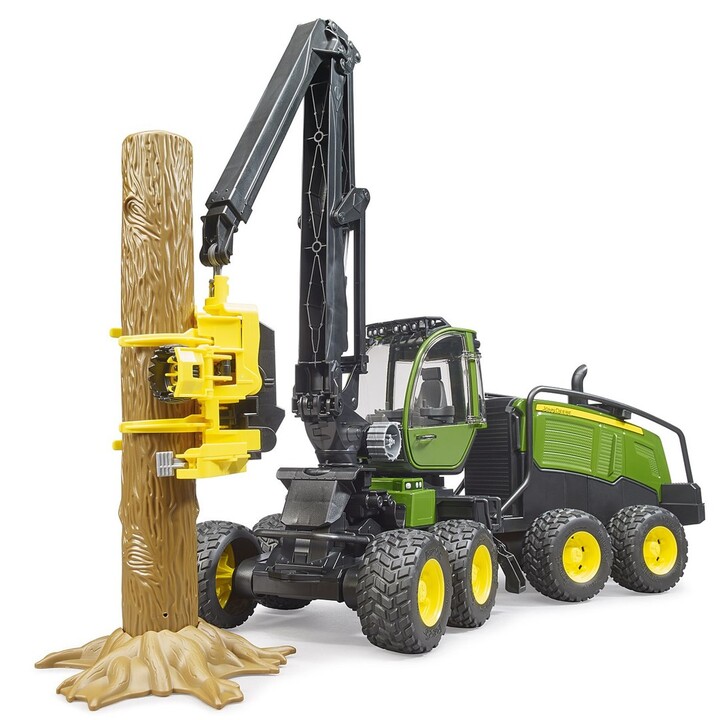 BRUDER ABATTEUSE TRONCONNEUSE JOHN DEERE 1270G AVEC TRONC DE BOIS ET SUPPORT
