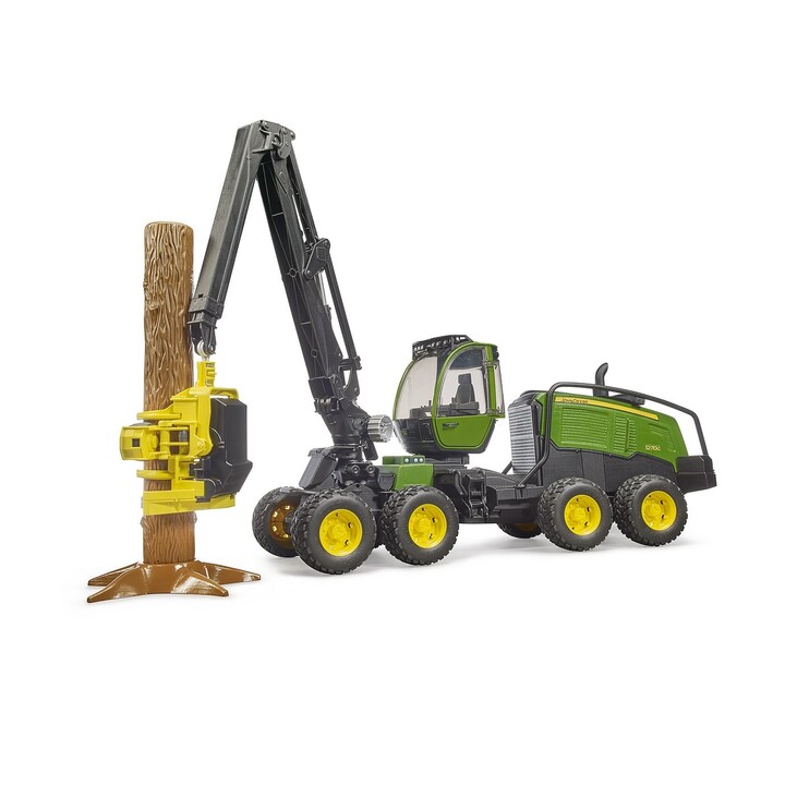 BRUDER ABATTEUSE TRONCONNEUSE JOHN DEERE 1270G AVEC TRONC DE BOIS ET SUPPORT