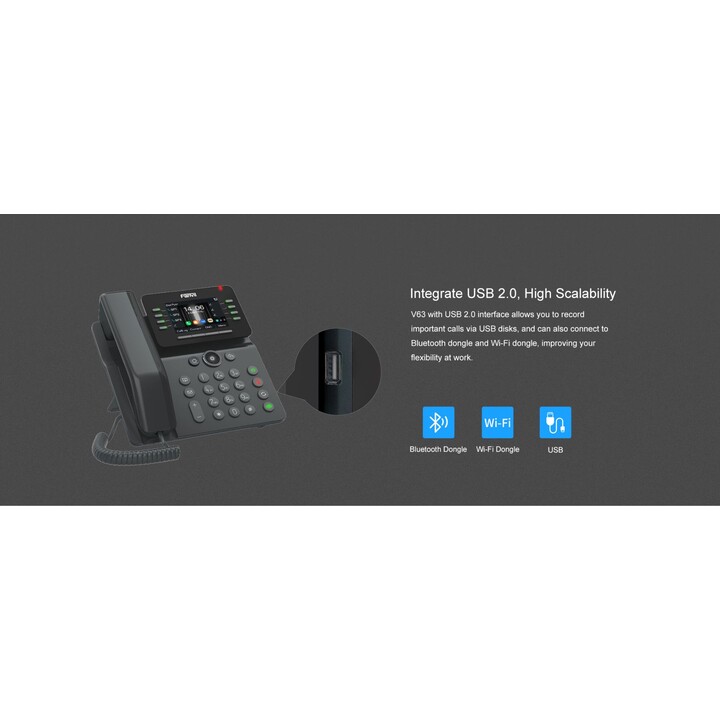 Fanvil V63 Telefone IP, Gigabit Ethernet, 6 linhas, Wi-Fi, Bluetooth, 1000 contatos, preto
