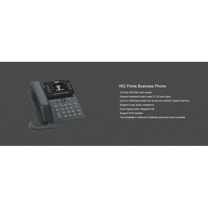 Fanvil V63 Telefone IP, Gigabit Ethernet, 6 linhas, Wi-Fi, Bluetooth, 1000 contatos, preto