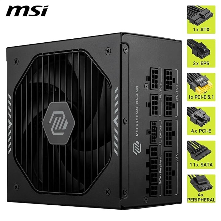Power Supply Msi Mag A1000gls Pcie5, psu, 1000w, 80 Plus Gold, modular, 135mm, active Pfc, pci-e 5.0 (16 Pin)x1, pci-e (6+2 Pin)