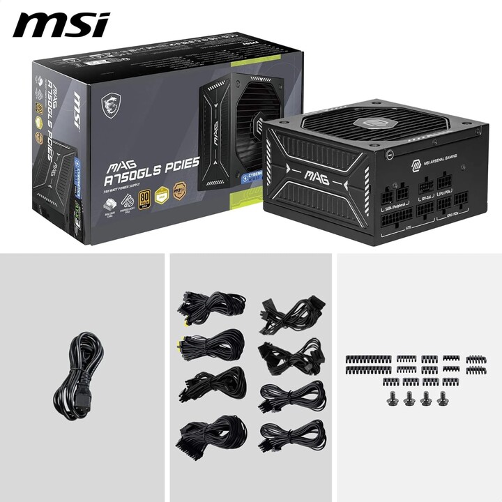 Fonte de alimentação Msi Mag A750gls Pcie5, psu, 750w, 80 Plus Gold, modular, 120mm, PFC ativo, pci-e 5.0 (16 pinos)x1, pci-e (6