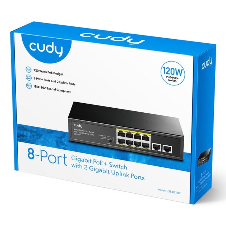 Switch Gigabit Ethernet Cudy GS1010P (10/100/1000) Power over Ethernet (PoE) para montagem em parede/mesa, preto