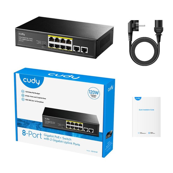 Switch Gigabit Ethernet Cudy GS1010P (10/100/1000) Power over Ethernet (PoE) para montagem em parede/mesa, preto
