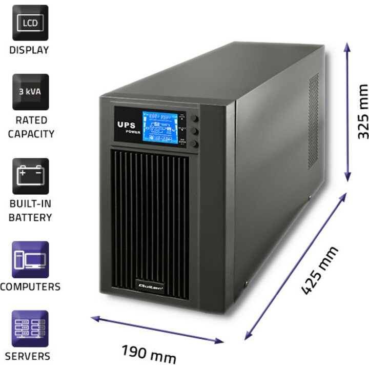 Sistema de alimentación ininterrumpida (SAI) Qoltec en línea, Onda sinusoidal pura, 3 kVA, 2.4 kW, LCD, USB