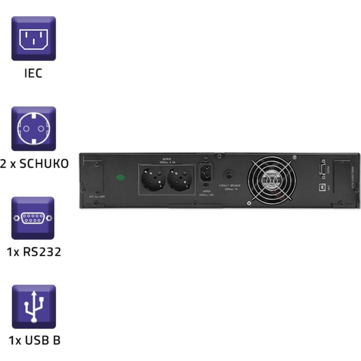 Qoltec 53945 UPS RACK Système d alimentation sans interruption | 1KVA | 800W | Écran LCD