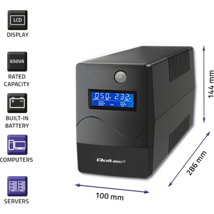 Gruppo di continuità Qoltec 53978 | Monolite | 650VA| 360 W | LCD | USB | RJ45