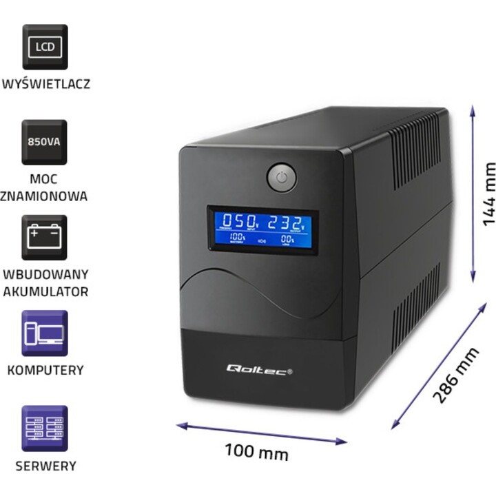 Qoltec 53979 Alimentation sans interruption | Monolithe| 850 VA | 480W | LCD | USB | RJ45