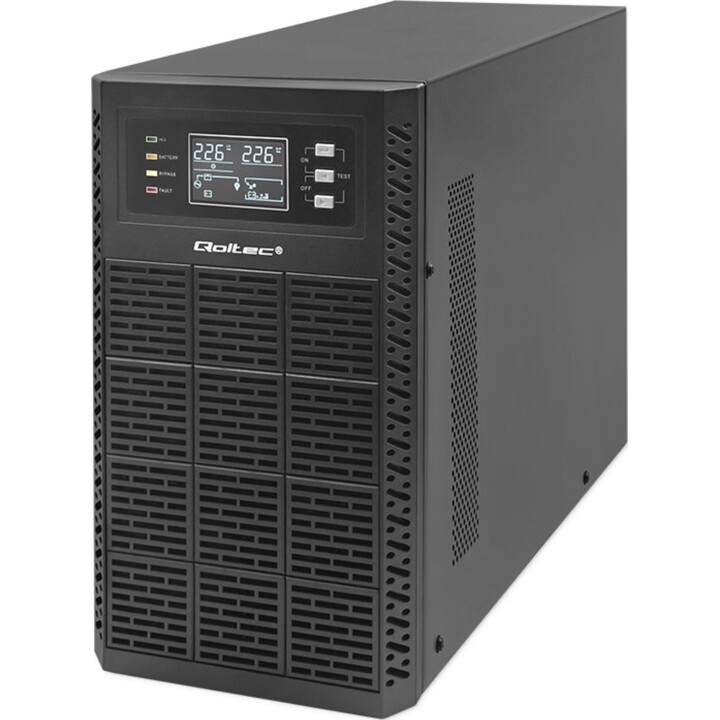 Fonte de alimentação ininterrupta UPS Qoltec 52282 | 3kVA | 3000W | Fator de potência 1,0 | LCD | EPO | USB | Em linha