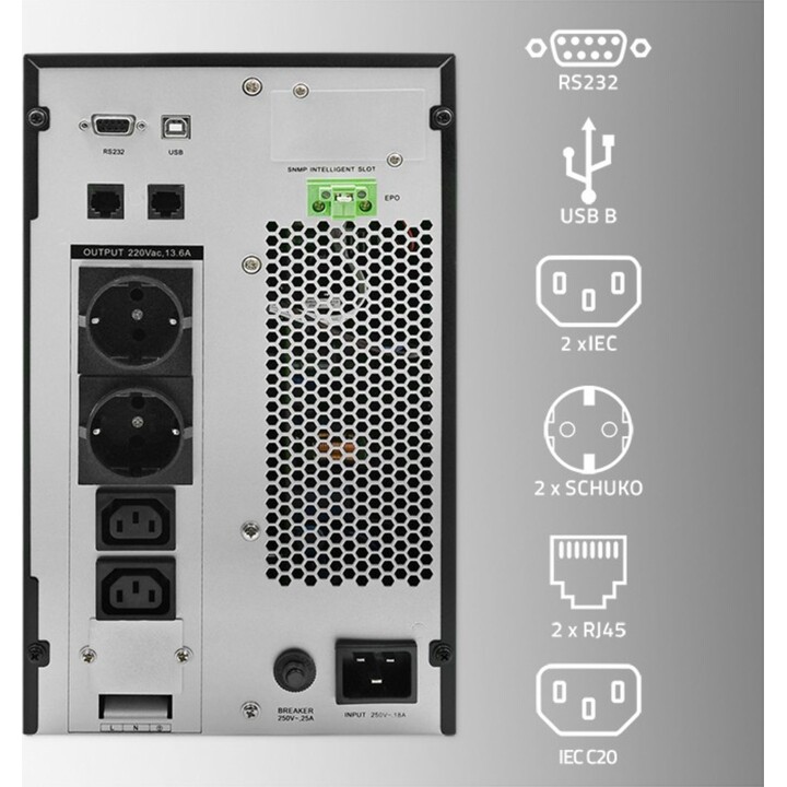 Fonte de alimentação ininterrupta UPS Qoltec 52282 | 3kVA | 3000W | Fator de potência 1,0 | LCD | EPO | USB | Em linha