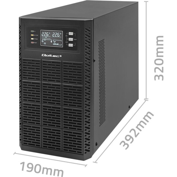 Fonte de alimentação ininterrupta UPS Qoltec 52282 | 3kVA | 3000W | Fator de potência 1,0 | LCD | EPO | USB | Em linha