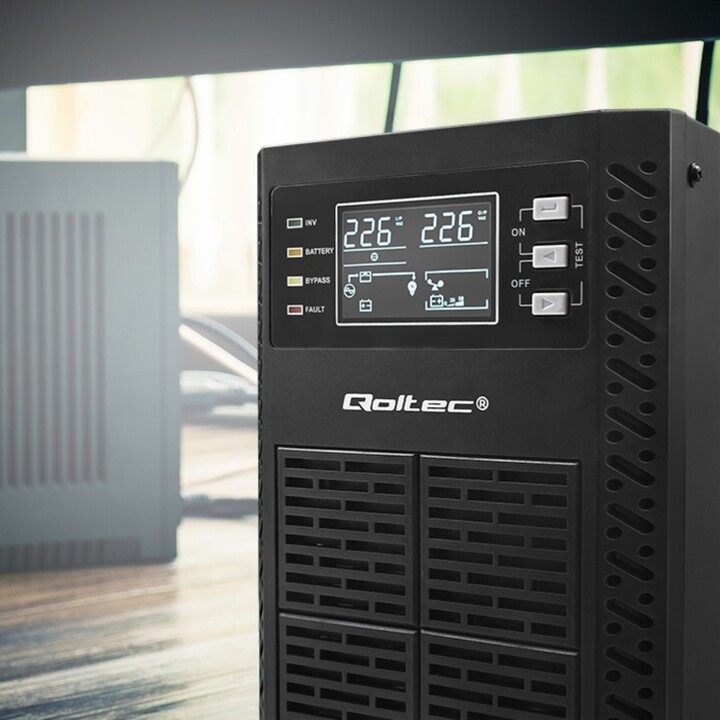 Sistema de alimentación ininterrumpida (SAI) Qoltec, 2 kVA, 2000 W, Factor de potencia 1.0, LCD, EPO, USB, En línea